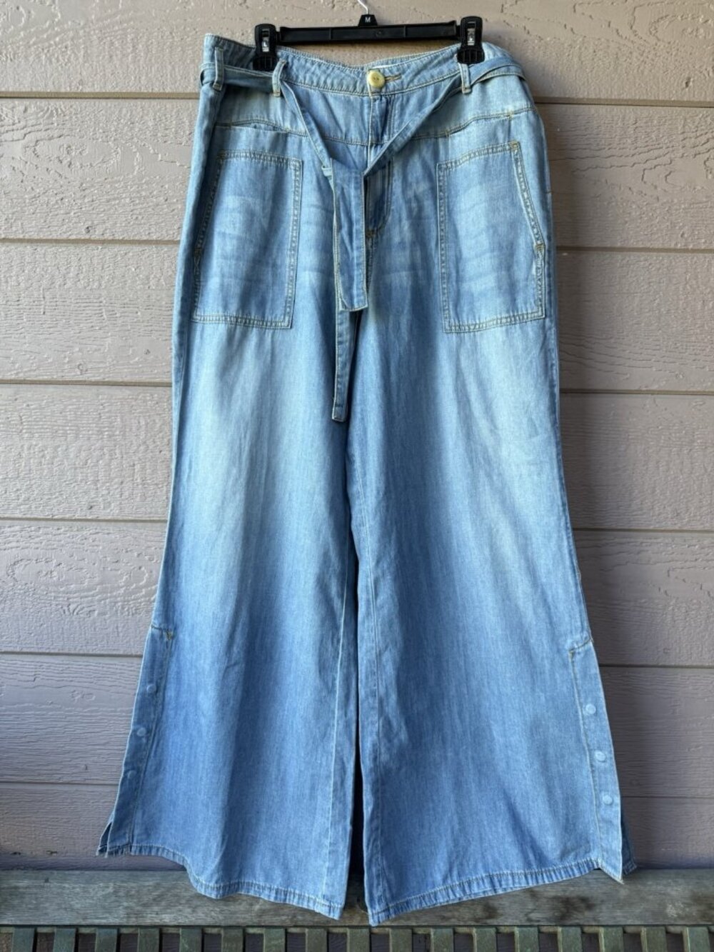 Anthropologie Wide Leg Denim Pants Women’s 32 NWT Belted Button Hem Blue - Picture 5 of 16